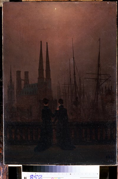 ""Este a kikötőben vagy a nővérek"" (Éjszaka a kikötőben (nővérek)) Caspar David Friedrich (1774-1840) festménye 1818-1820 Méret: 74x52 cm Ermitázs Múzeum, Szentpétervár alkotó: Caspar David Friedrich