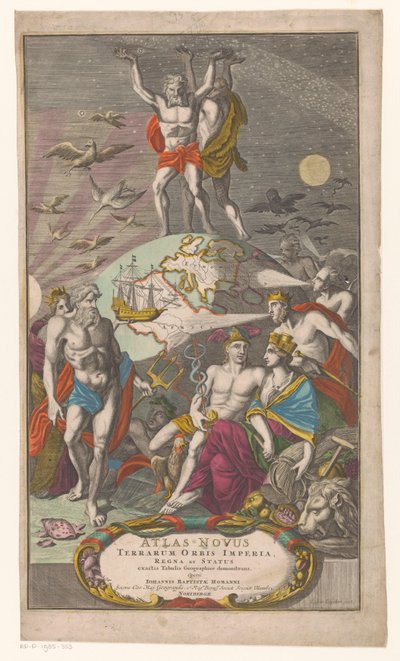 Atlas en Hercules dragen sternerhemel Címlap: Johann Baptista Homan, A világbirodalmak, királyságok és államok új atlasza pontos földrajzi táblázatokkal, 1710 alkotó: Caspar Luyken