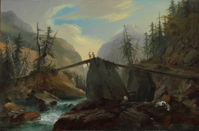 Fából készült gyaloghíd a Lütschine felett Gsteig mellett, 1774. alkotó: Caspar Wolf