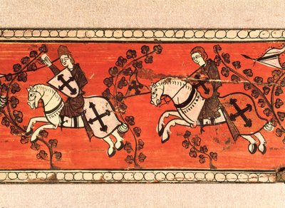 A lovagok zászlót viselnek. Tempera fán a tető díszítéséből. 13. század. alkotó: Catalan School