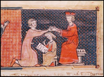 A királyi ügyész, az írástudó és a feudális nagyúr, Capbreu de Clayra et de Millasból 1292 alkotó: Catalan School