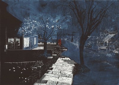 Zene hangja a külvárosban, 2012 (linómetszet és metszet) alkotó: Catherine Sutcliffe Fuller