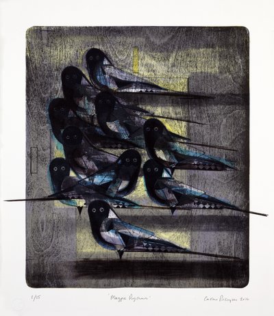 Szarka ritmus, 2016 (mokulitolitográfia kézi színezéssel) alkotó: Cathie Pilkington