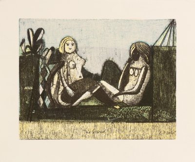 A nővérek, 2014 (mokulitolitográfia kézi színezéssel) alkotó: Cathie Pilkington