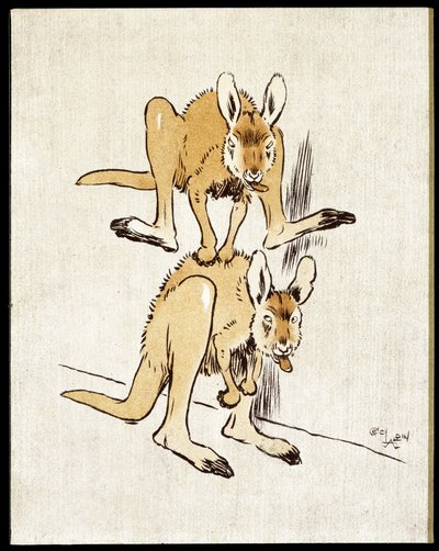 Képregény kenguruk. Két kenguru birkaugrást játszik. alkotó: Cecil Charles Windsor Aldin
