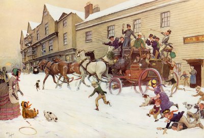 A karácsonyi edző a Bell Innben, Hurley, 1830 alkotó: Cecil Charles Windsor Aldin