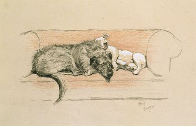 Farkaskutya és bullterrier alszik a kanapén (papíron pasztell) alkotó: Cecil Charles Windsor Aldin