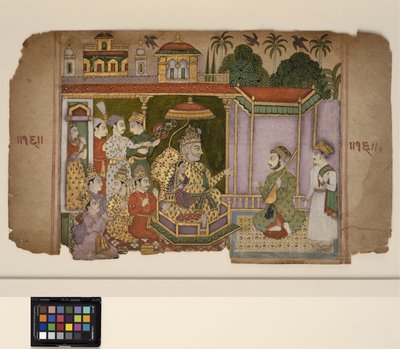 Egy király és az udvaroncok egy zenészt hallgatnak, 1750 körül (átlátszatlan akvarell és arany papíron) alkotó: Central Indian School