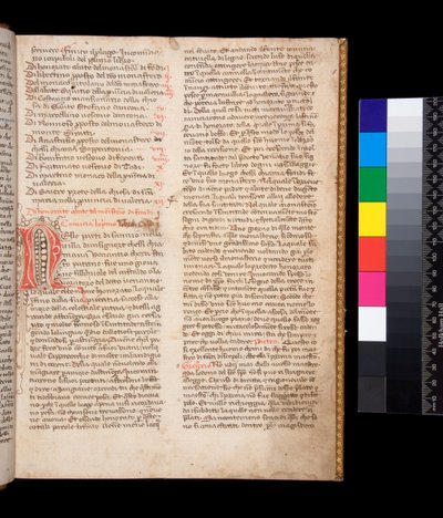 Ms 148. Nagy Gergely, Dialogi olasz fordításban. Írta: Domenico Cavalca, f.2r Díszített [N] betű piros tintával, tollvirágzás barna tintával alkotó: Central Italian School