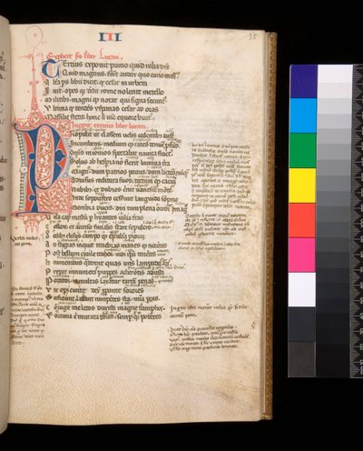 Ms 325. Lucan, Bellum Civile és egyéb művek, f.35r. Elválasztott kezdőbetű [P] piros és kék színben, kontrasztos tollfényezéssel, 1353 körül (pergamen) alkotó: Central Italian School
