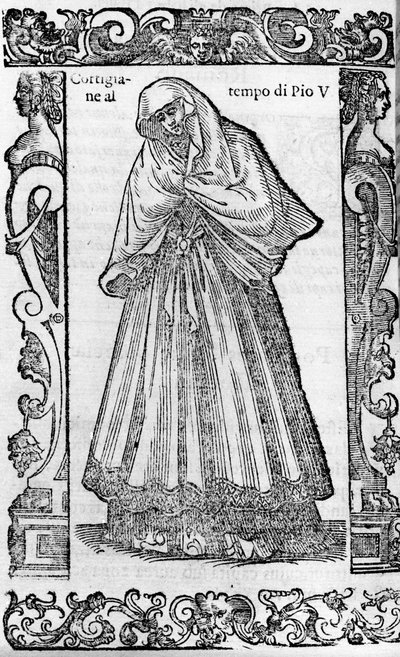 Reneszánsz: udvarhölgy V. Piusz pápa (1566-1572) idejében. Cesare Vecellio „Modern és régi jelmezek” című metszete alkotó: Cesare (attr. to) Vecellio