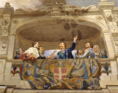 Carlo Alberto átadja a kardot Vittorio Emanuele II-nek, részlet (3433390 részlet) alkotó: Cesare Mariani