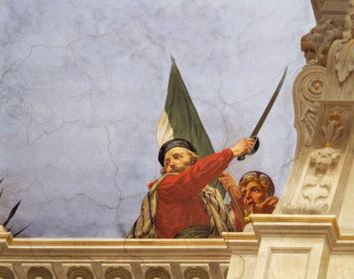 Részlet Olaszország allegóriájából, Cesare Mariani (1826-1901) freskója, mennyezet, Többségterem, Palazzo delle Finanze (Pénzügyek Palota), Róma. Olaszország alkotó: Cesare Mariani