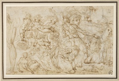 Ábratanulmányok lapja, c. 1600 (tinta és mosás, ceruza, kréta fektetett papíron) alkotó: Cesare Pollini