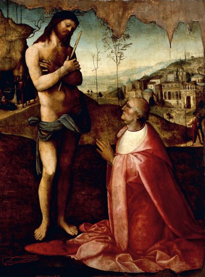 Szenvedő Krisztus és Oliviero Carafa bíboros imádságban (festmény) alkotó: Cesare da Sesto