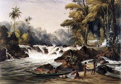 Karácsonyi sziklatörés a Berbice folyón, a "Views in the Interior of Guiana" című képből, Paul Gauci (1834-67) metszete, Ackermann kiadó. alkotó: Charles (after) Bentley