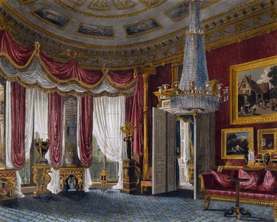 Rózsaszín szatén szalon, metszet Richard Reeve (született 1780-ban), Charles Wild (1781-1835) terve alapján, A királyi rezidenciák történetéből alkotó: Charles (after) Wild