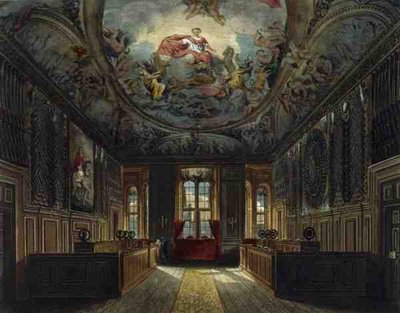 A királynő őrszobája, Windsor kastély, a "Royal Residences" című képből, Thomas Sutherland (sz.1785) metszete, kiadó: William Henry Pyne (1769-1843). alkotó: Charles (after) Wild