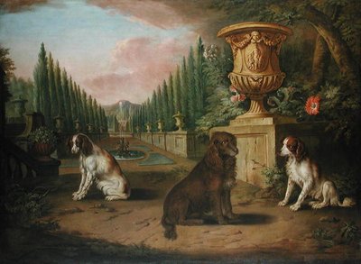 Három spániel egy hivatalos kertben, 1730 körül (olaj, vászon) alkotó: Charles (and Studio) Collins
