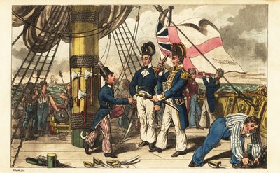 Spring kapitány Midshipman Newcome-ot helyettesévé teszi, és átadja neki a kardját a HMS Victory fedélzetén. alkotó: Charles (c.1797 1850) (after) Williams
