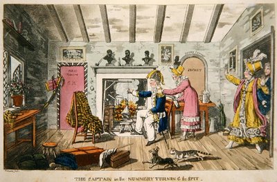 „A kapitány a kolostorban, forgatja a nyársat”, tányér John Mitford (1782-1831) „Johnny Newcome kalandjai a haditengerészetben” című lemezéből (színes akvatinta) alkotó: Charles (c.1797 1850) (after) Williams