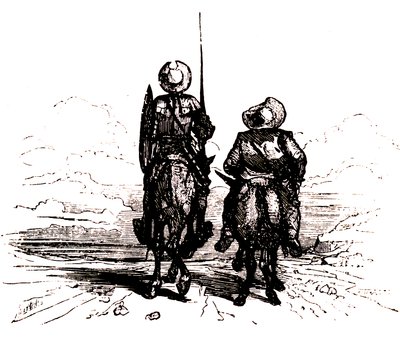 Don Quijote a lován, mellette Sancho a szamarán. alkotó: Charles Albert d