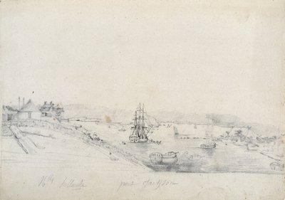 Jobb oldalon a Baudin-expedíció franciáinak tábora Bennelong felé mutat, balra Sydney, Nicolas Bayley otthona – Charles Alexandre Lesueur ceruza és tinta alkotó: Charles Alexandre Lesueur
