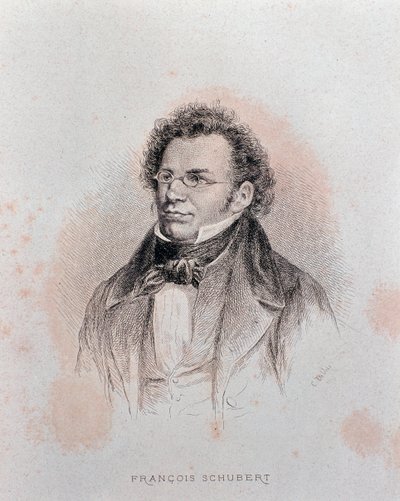 Franz Schubert portréja (metszet alkotó: Charles Alphonse Deblois