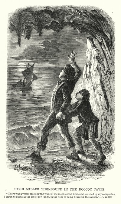 Hugh Miller árapályban a Doocot-barlangban (metszet) alkotó: Charles Altamont Doyle