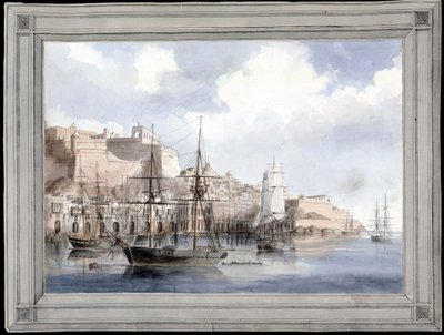 Vue de Malte (Máltán látható) (Valletta nagy kikötője a Sant Angelo erőddel) - Charles Andrew Dyce (1816-1853) festménye, akvarell papíron (25,1 x 34,9 cm), 1849 körül - Yale Egyetem (USA) alkotó: Charles Andrew Dyce