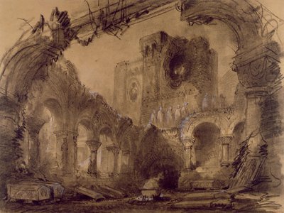 Romok, díszletterv Giuseppe Verdi (1813-1901) „Macbeth” című előadásához a Theatre Lyrique-ben, Chatelet, Párizs, 1865 (szén és fehér kréta papíron) alkotó: Charles Antoine Cambon