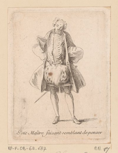 Álló nemes elölről nézve Petit Maître faisant semblant de penser (cím a tárgyon) A módok figurái (sorozat címe) alkotó: Charles Antoine Coypel