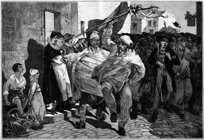 Katonai szolgálat: sorshúzás Burgundiában, sorkatonák Macon közelében. Montbart metszete a „” The Illustrous World”” 1299. számában, 1882. február 18. alkotó: Charles Auguste Loye
