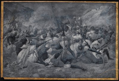 „Az egyiptomi hadsereg veresége Hicks pasa alatt Mahdi Muhummad Ahmad erőitől El Obeidnél”, 1883. november 5. (akvarell en grisaille) alkotó: Charles Auguste Loye