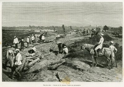 A transzkaszpi sínek lefektetése. Metszet Ch. Barbant, hogy illusztrálja az Utazás a mervben című történetet, Edgar Boulanger, a tour du monde 1887-ben, rendező: Edouard Charton (1807-1890), Hachette, Párizs. alkotó: Charles Barbant