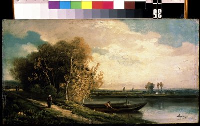 ""La berge"" (A tengerpart) Folyóparti táj egy halász és egy parasztasszonnyal. Charles Barthelemy Jean Durupt (1804-1838) festménye 19. századi Mikhail Kroshitsky Művészeti Múzeum, Szevasztopol (Szevasztopol) Ukrajna alkotó: Charles Barthelemy Durupt