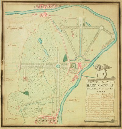 A Hampton Court Palace Gardens and Parks általános terve, 1713 körül (toll, tinta és WC papíron) alkotó: Charles Bridgeman