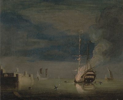 Egy kétszintes égő éjjel egy erődnél alkotó: Charles Brooking