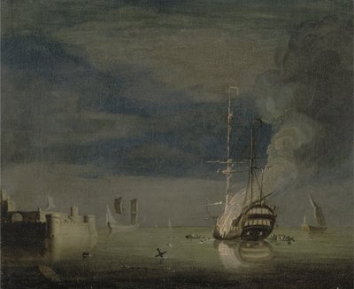 Egy kétszintes tűz éjjel egy erődnél, 1740 körül (olaj, vászon) alkotó: Charles Brooking
