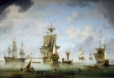 Horgonyzóhely a Solentben, a Wight-sziget és Anglia közötti tengerszakaszon. Olaj, vászon alkotó: Charles Brooking