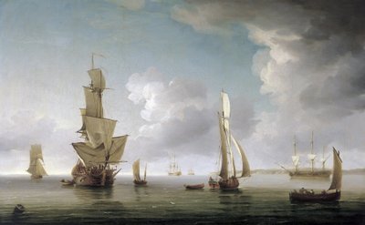 Hajózás a Temze torkolatában (Anglia), a hajók nagy választéka és az angol partok leírása. Olaj, vászon alkotó: Charles Brooking