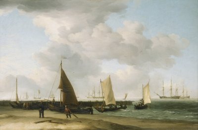 Jelenet a parton, a horizonton egy háborús épület. Olaj, vászon alkotó: Charles Brooking