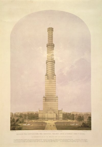 Tervezés a Crystal Palace 1000 láb magas toronnyá, kocsmává alakításához. Ackermann und Co., 1852 alkotó: Charles Burton