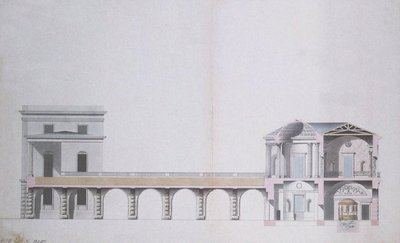 A cárszkoje-szelói achátpavilon és függőkert keresztmetszete, 1780 körül (toll és tinta, wc-vel, papír) alkotó: Charles Cameron