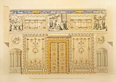 Ajtófal megemelése, Lyoni rajzszoba, Katalin-palota Carszkoje Selóban, 1780-as évek eleje (toll, ecset, indiai tinta és akvarell papíron) alkotó: Charles Cameron