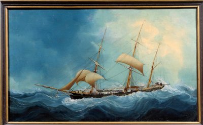 Három matt vitorlás repülés közben Charles Cheri Dubreuil festménye (Cheri-Dubreuil) (1828-1880) 1865 - Fecamp. Musee Des Terre Neuvas – Egy háromárbocos hajó menekül. Charles Dubreuil festménye (XIX. század) alkotó: Charles Cheri Dubreuil