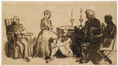 Egy este a Combes házában, 1850-51 (toll és barna tinta halványbarna papíron) alkotó: Charles Collins
