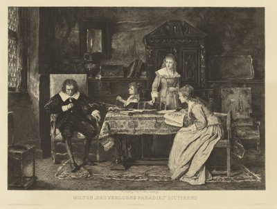 Milton egy karosszékben ülve diktálja az egyik lányának elveszett paradicsomát. In den r.r.h. Munkácsy 1878-ban A margón: Ch. Courty d