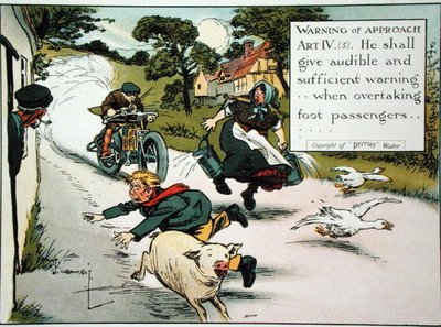 Figyelmeztetés a megközelítésre. Művészet. IV.(5) Hangos és elegendő figyelmeztetést kell adnia...gyalogos utasok előzésekor, 1905 körül kiadott KRESZ-ből (színes litó) alkotó: Charles Crombie