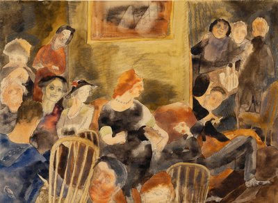 Belső tér vörös hajú nő körül csoportosuló emberekkel alkotó: Charles Demuth